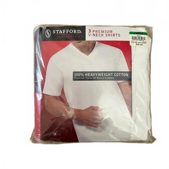 Stafford, Size Large, White, 3-Pack Premium V-Neck T-Shirts - Picture 1 of 3